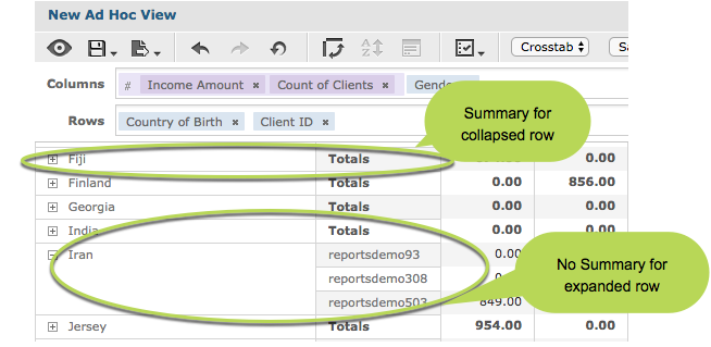 Summaries Collapsed rows