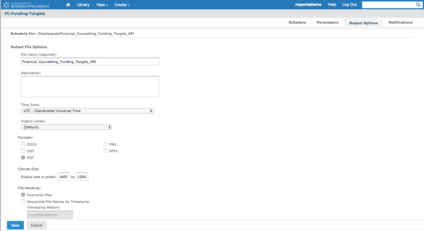 Dashboard output options tab