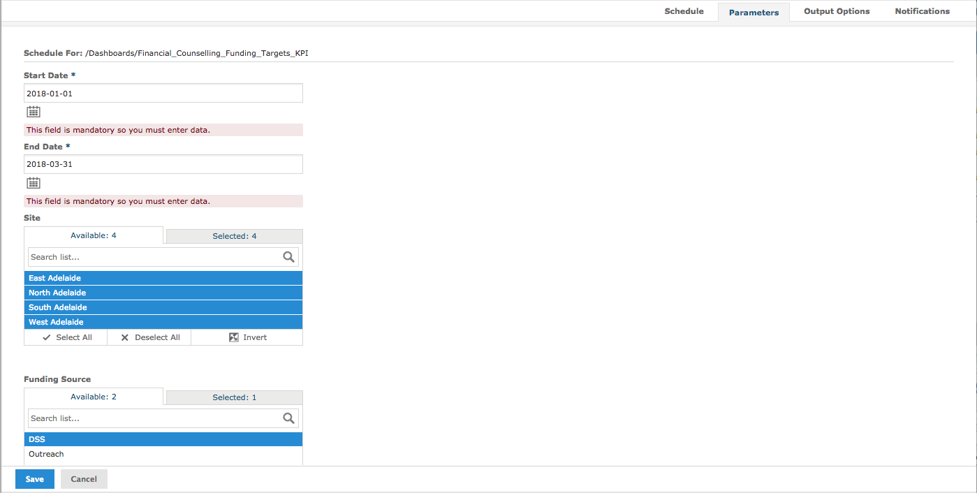 Dashboard Parameters Tab